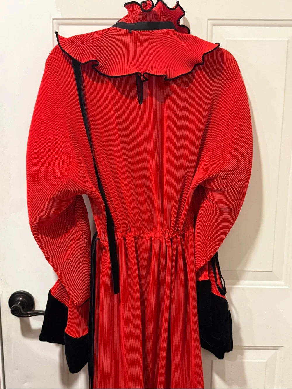 Tory Burch Red and Black Long Sleeve Pleated Ruffle Midi Dress